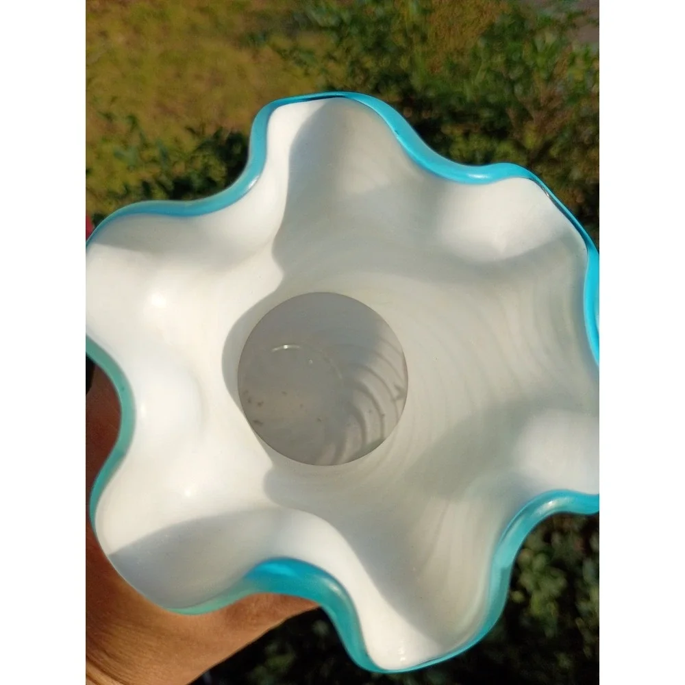 Vintage Fenton Teleflora Swirl Art Glass Vase Hand Painted Aqua Blue Ruffle Rim